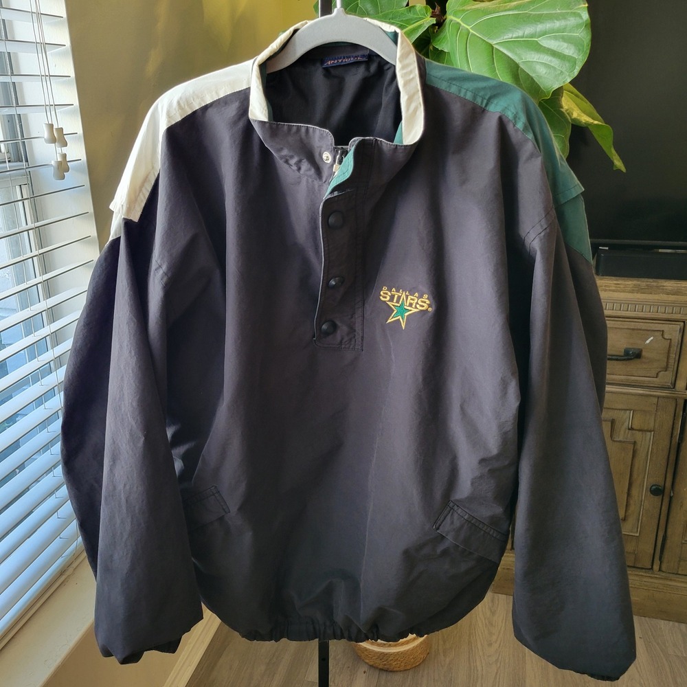 VTG Antigua Dallas Stars NHL Windbreaker Pullover Black Green XXL Cotton Blend